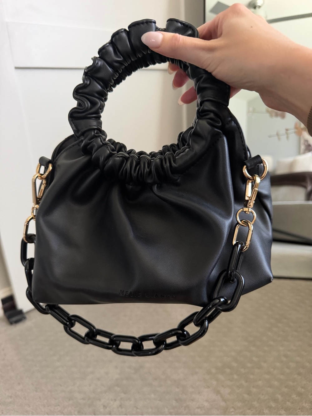 Melie Bianco Black Ruched Handle Shoulder Bag with Chain